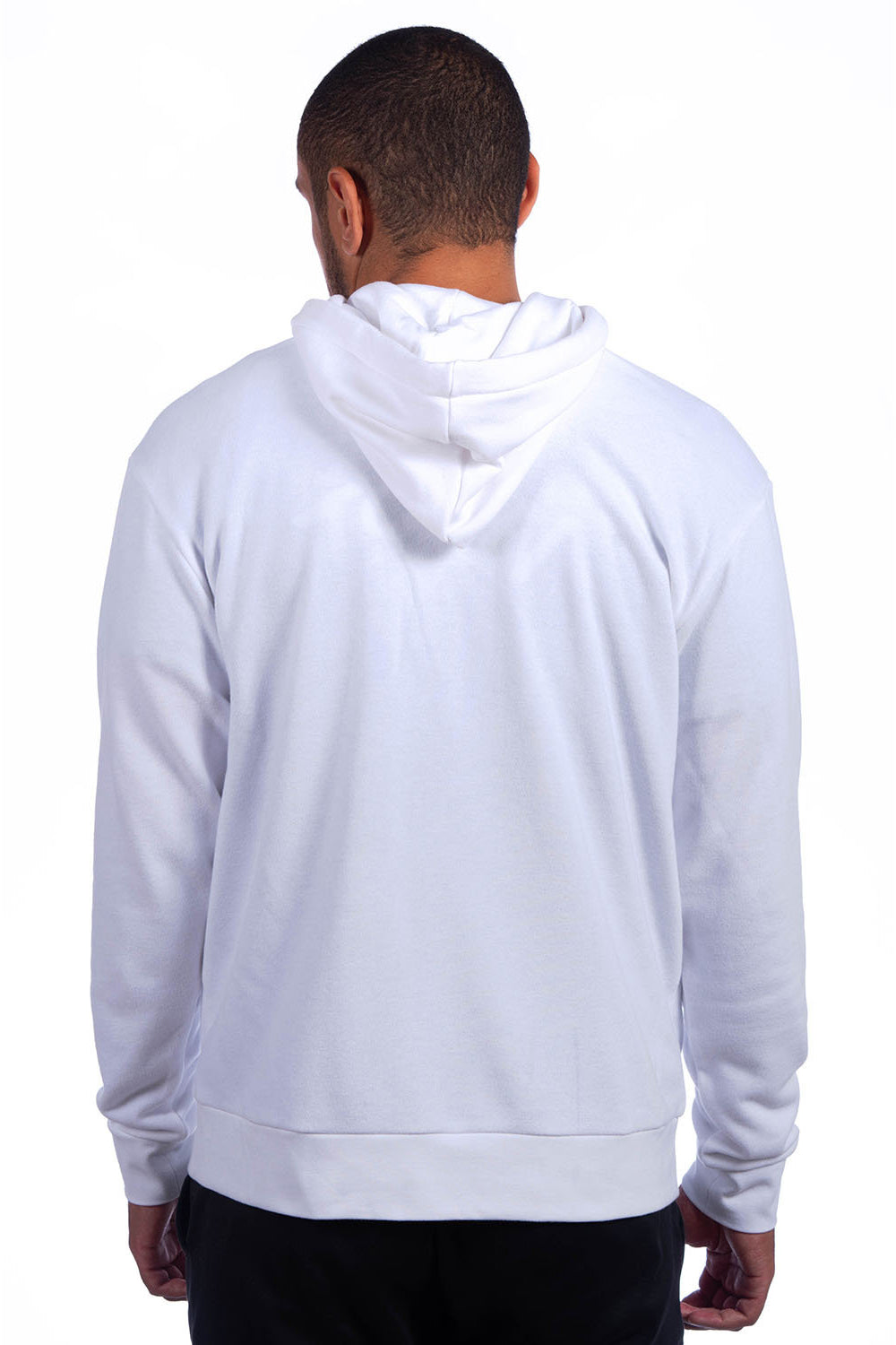 Next Level 9304 Mens Sueded French Terry Hooded Sweatshirt Hoodie w/ Pouch Pocket White Model Back