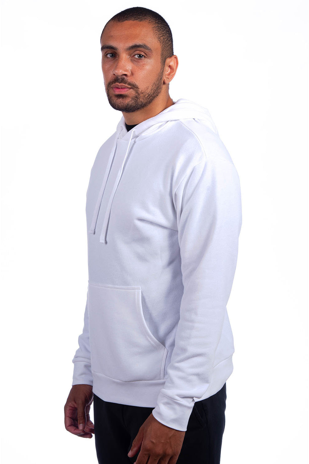 Next Level 9304 Mens Sueded French Terry Hooded Sweatshirt Hoodie w/ Pouch Pocket White Model Side