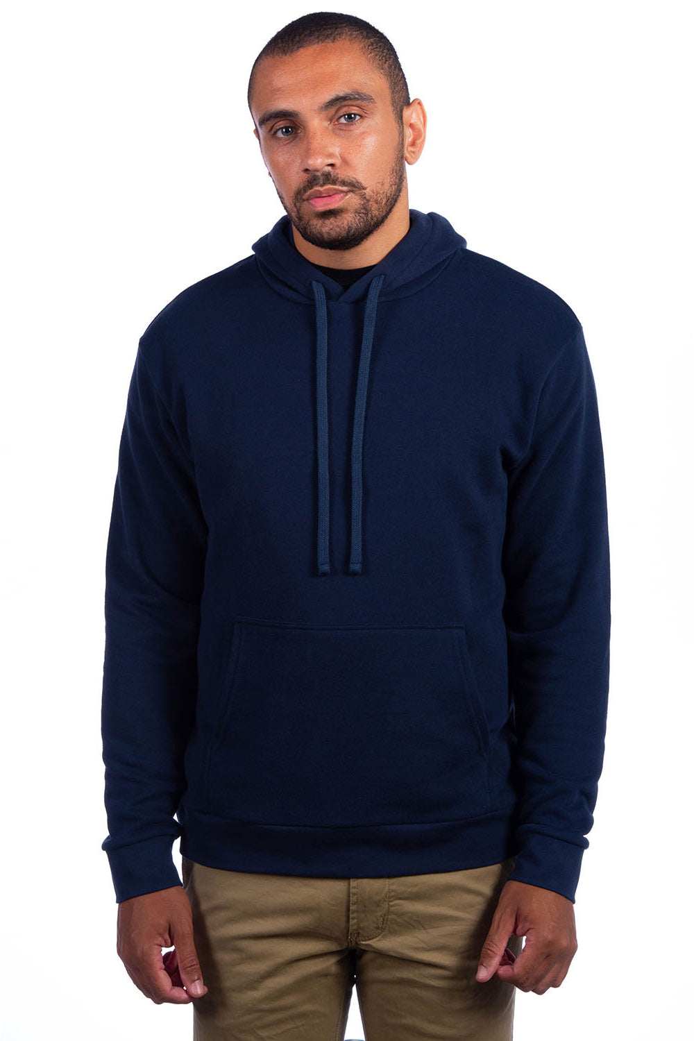 Next Level 9304 Mens Sueded French Terry Hooded Sweatshirt Hoodie w/ Pouch Pocket Midnight Navy Blue Model Front