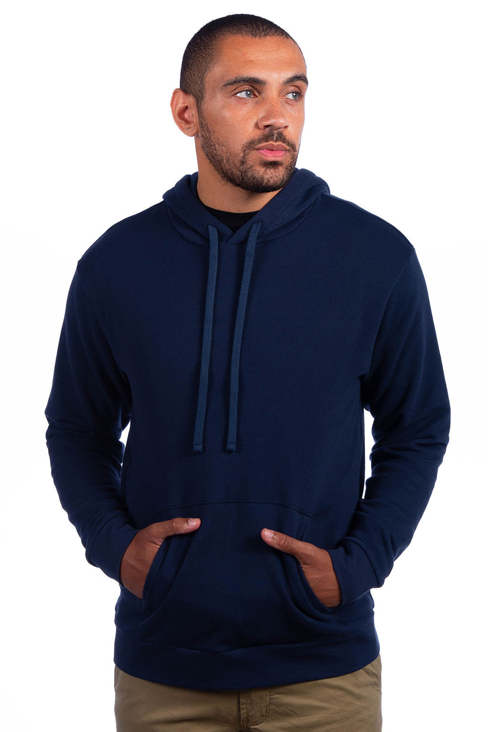 Next Level 9304 Mens Sueded French Terry Hooded Sweatshirt Hoodie w/ Pouch Pocket Midnight Navy Blue Model 3Q