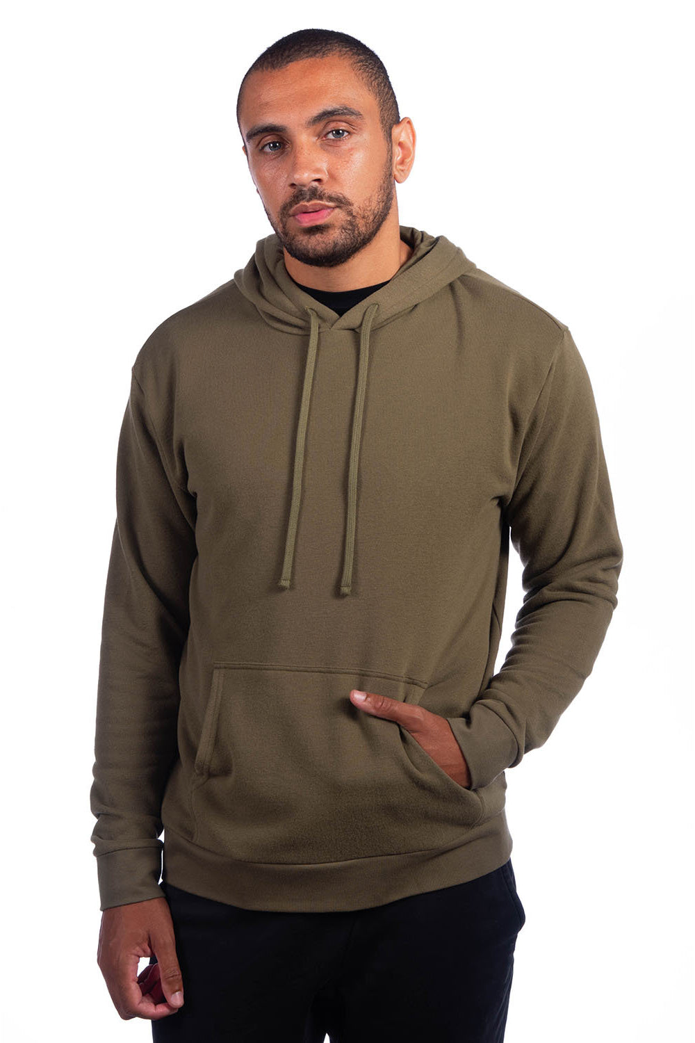 Next Level 9304 Mens Sueded French Terry Hooded Sweatshirt Hoodie w/ Pouch Pocket Military Green Model 3Q