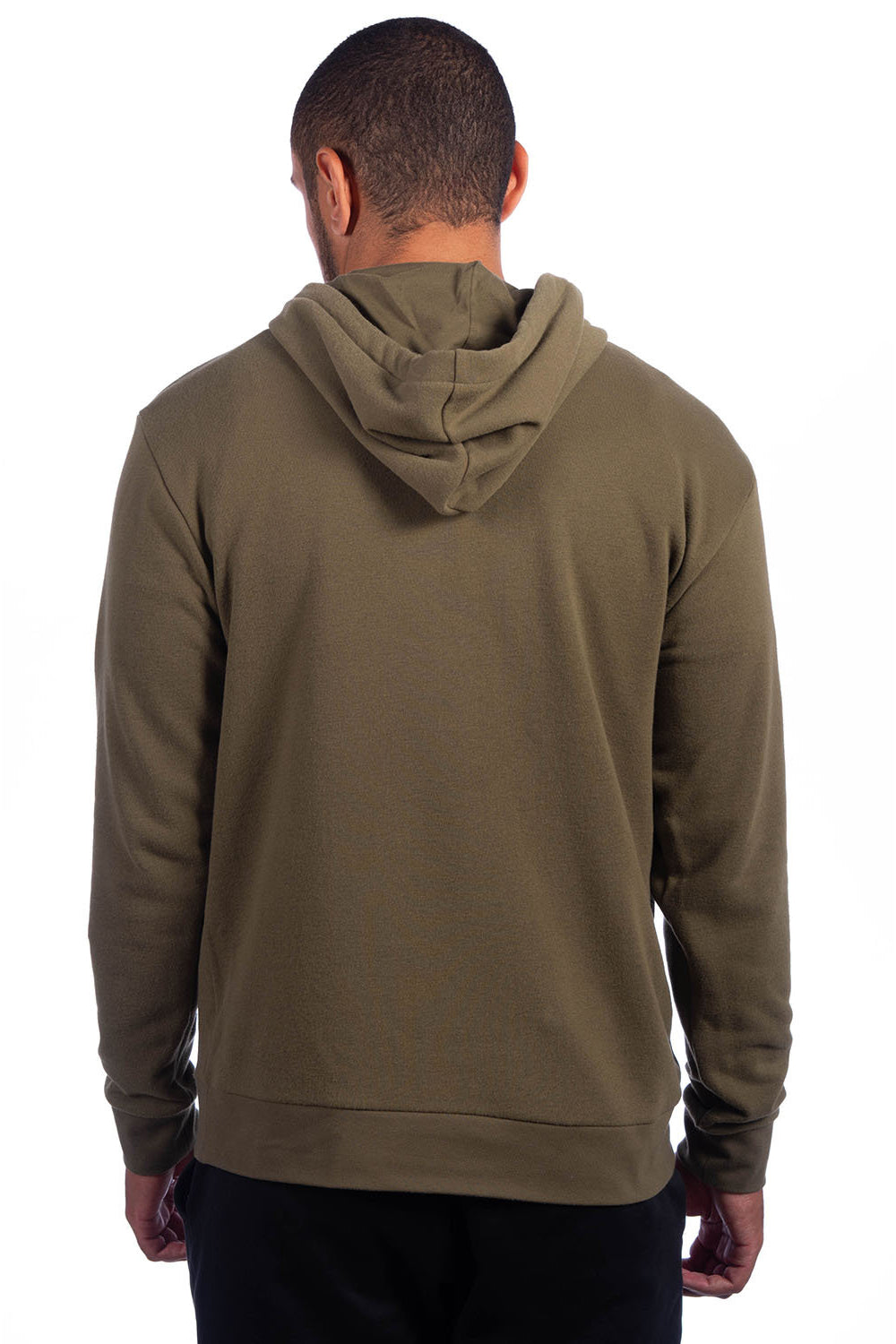 Next Level 9304 Mens Sueded French Terry Hooded Sweatshirt Hoodie w/ Pouch Pocket Military Green Model Back