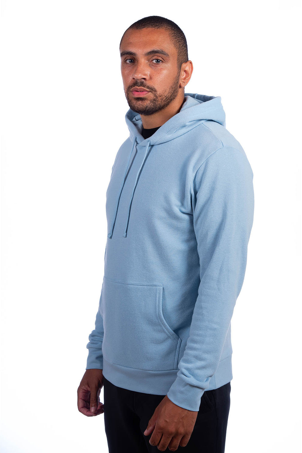 Next Level 9304 Mens Sueded French Terry Hooded Sweatshirt Hoodie w/ Pouch Pocket Stonewashed Denim Blue Model Side