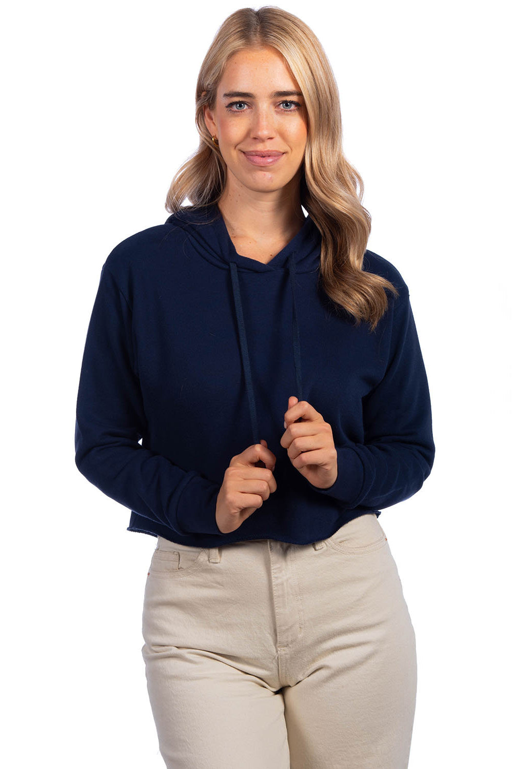 Next Level 9384 Womens Cropped Hooded Sweatshirt Hoodie Midnight Navy Blue Model 3Q