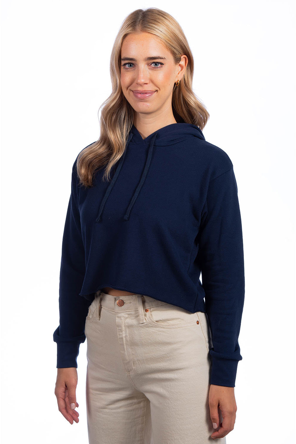 Next Level 9384 Womens Cropped Hooded Sweatshirt Hoodie Midnight Navy Blue Model Side