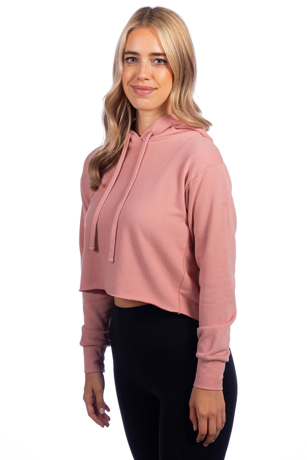 Next Level 9384 Womens Cropped Hooded Sweatshirt Hoodie Desert Pink Model Side