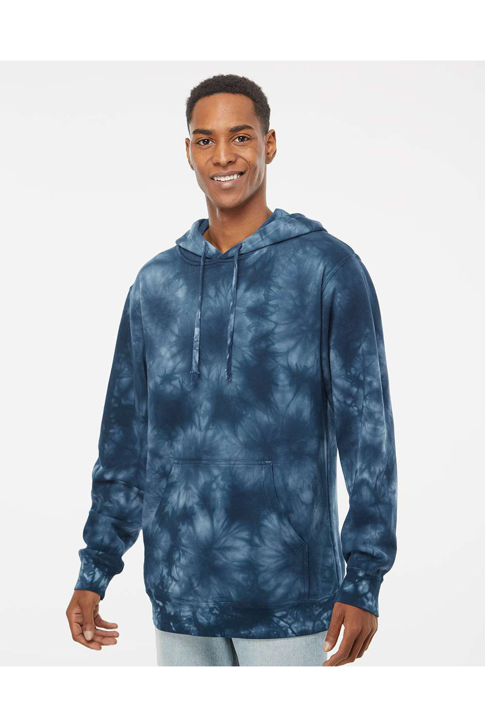 Independent Trading Co. PRM4500TD Mens Tie-Dye Hooded Sweatshirt Hoodie Navy Blue Model Front