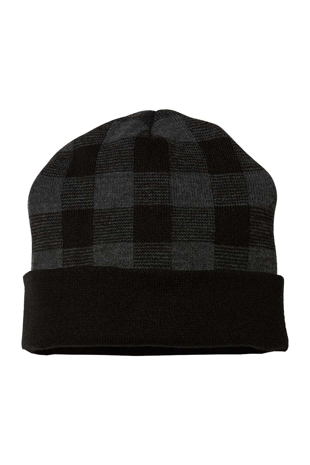 Cap America RKP12 Mens USA Made Plaid Beanie Black/Dark Heather Grey Flat Front