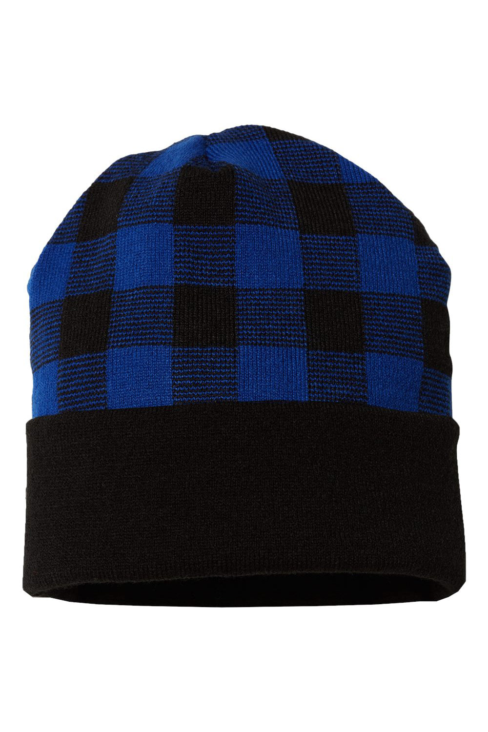 Cap America RKP12 Mens USA Made Plaid Beanie Black/True Royal Blue Flat Front