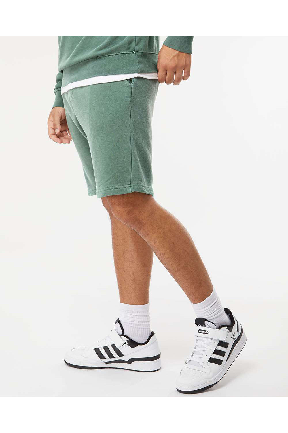 Independent Trading Co. PRM50STPD Mens Pigment Dyed Fleece Shorts w/ Pockets Alpine Green Model Side