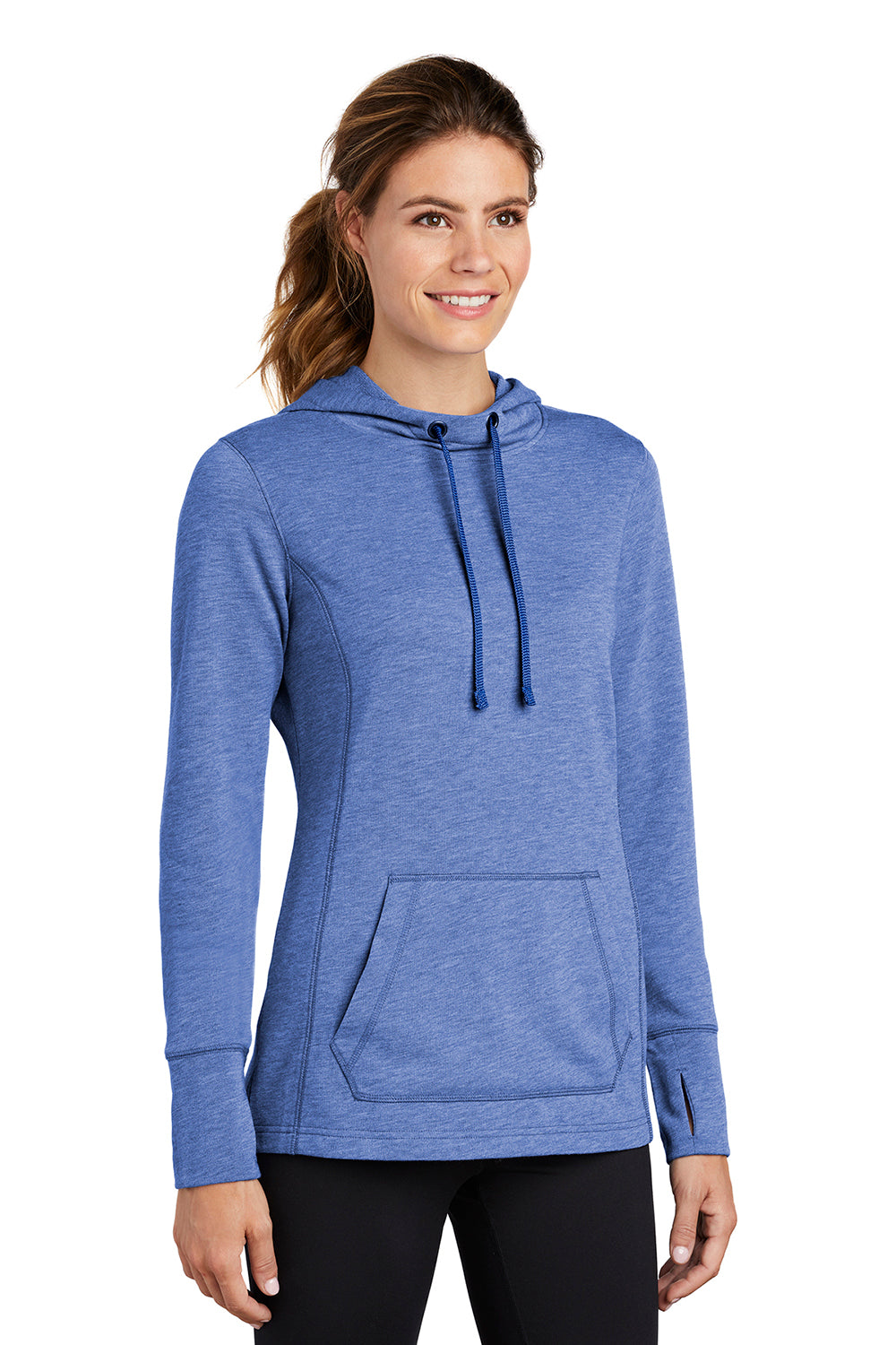 Sport-Tek LST296 Womens Moisture Wicking Fleece Hooded Sweatshirt Hoodie Heather True Royal Blue Model 3q