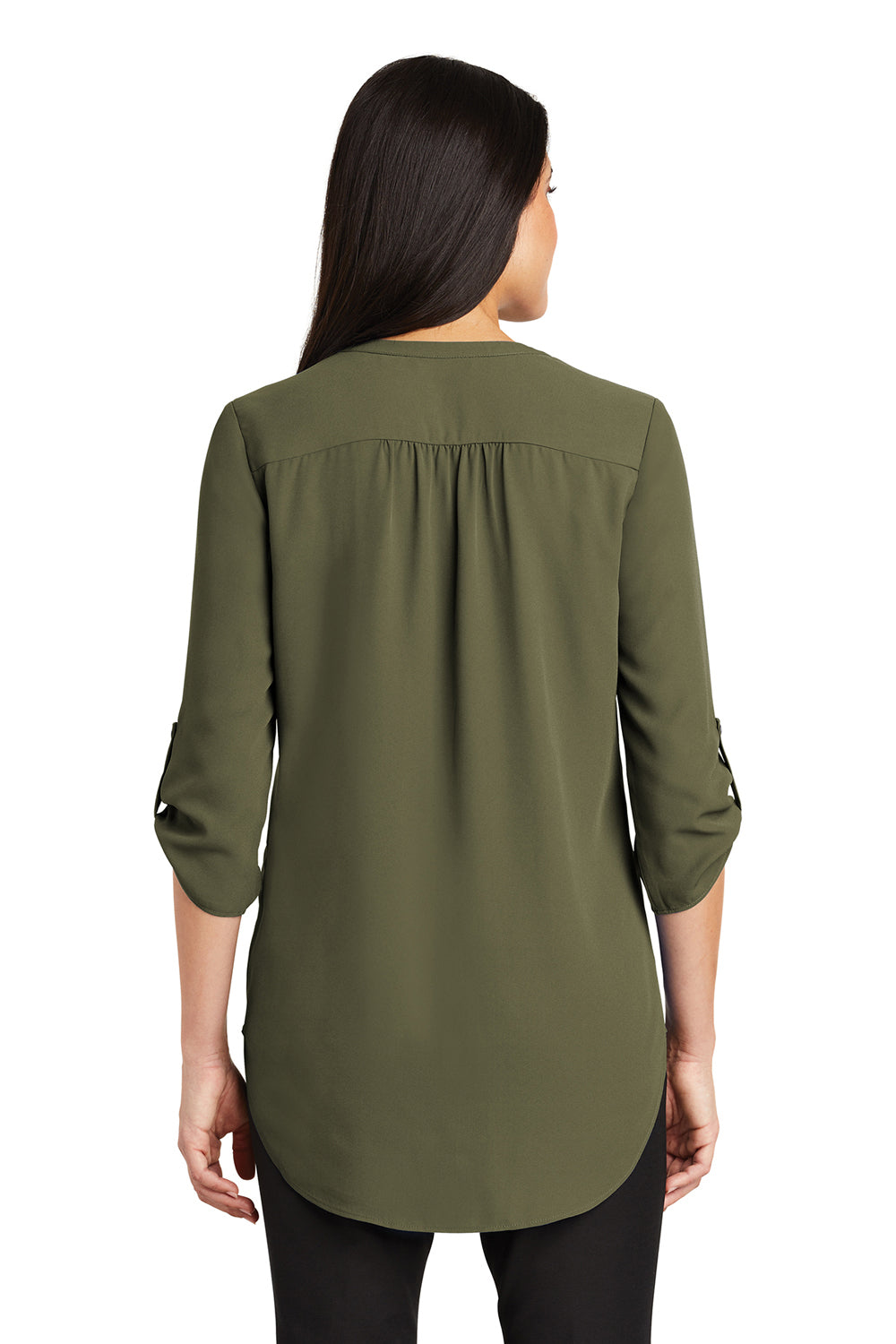 Port Authority LW701 Womens 3/4 Sleeve V-Neck T-Shirt Deep Olive Green Model Back