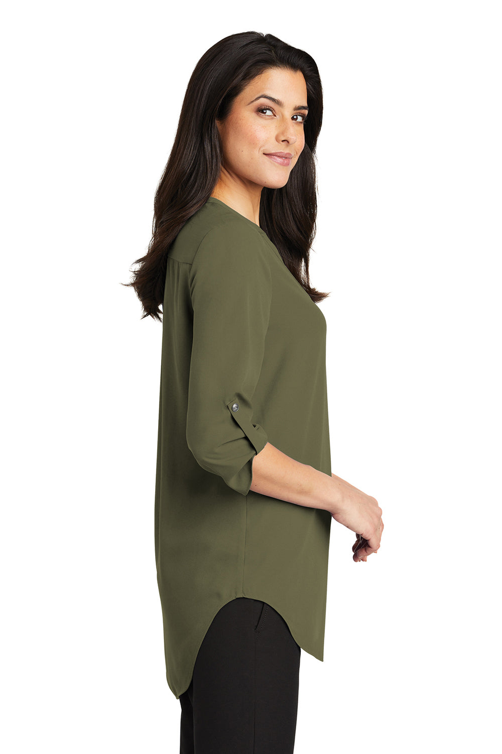 Port Authority LW701 Womens 3/4 Sleeve V-Neck T-Shirt Deep Olive Green Model Side