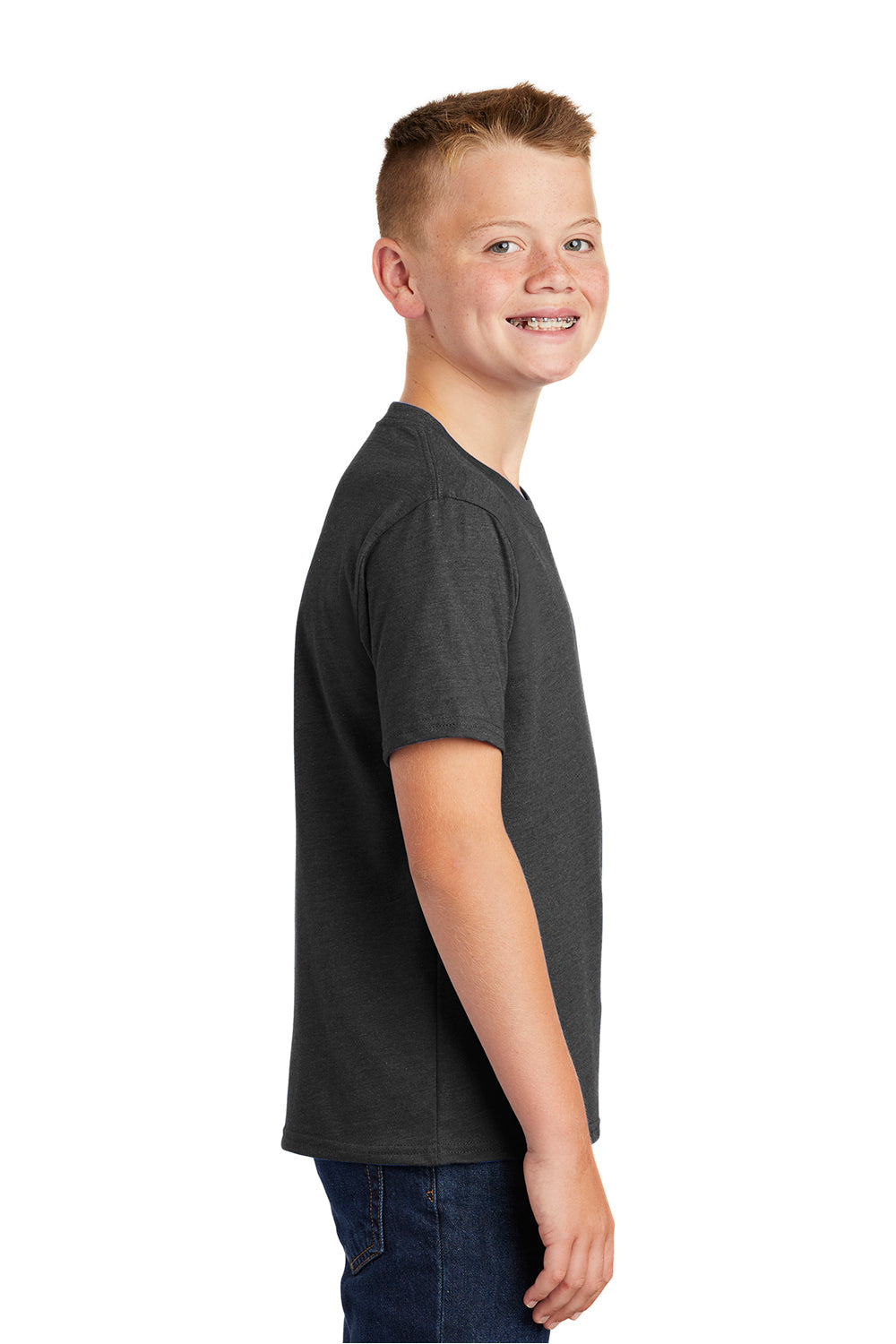 Port & Company PC455Y Youth Fan Favorite Short Sleeve Crewneck T-Shirt Heather Black Model Side