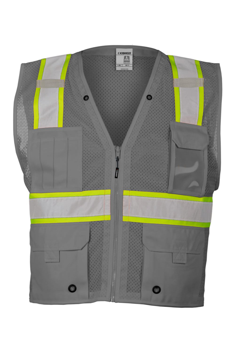 Kishigo B100-111 Mens EV Series Enhanced Visibility Multi Pocket Mesh Vest Grey/Lime Green Flat Front