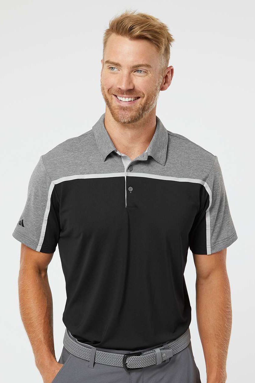 Adidas A512 Mens Ultimate Colorblock Moisture Wicking Short Sleeve Polo Shirt Black/Grey/Grey Melange Model Front