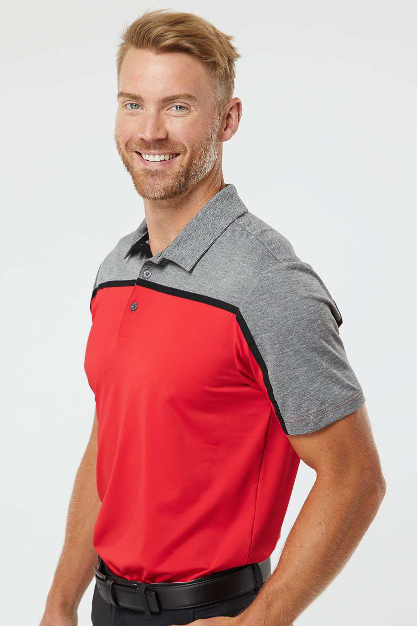 Adidas A512 Mens Ultimate Colorblock Moisture Wicking Short Sleeve Polo Shirt Collegiate Red/Black/Grey Melange Model Side