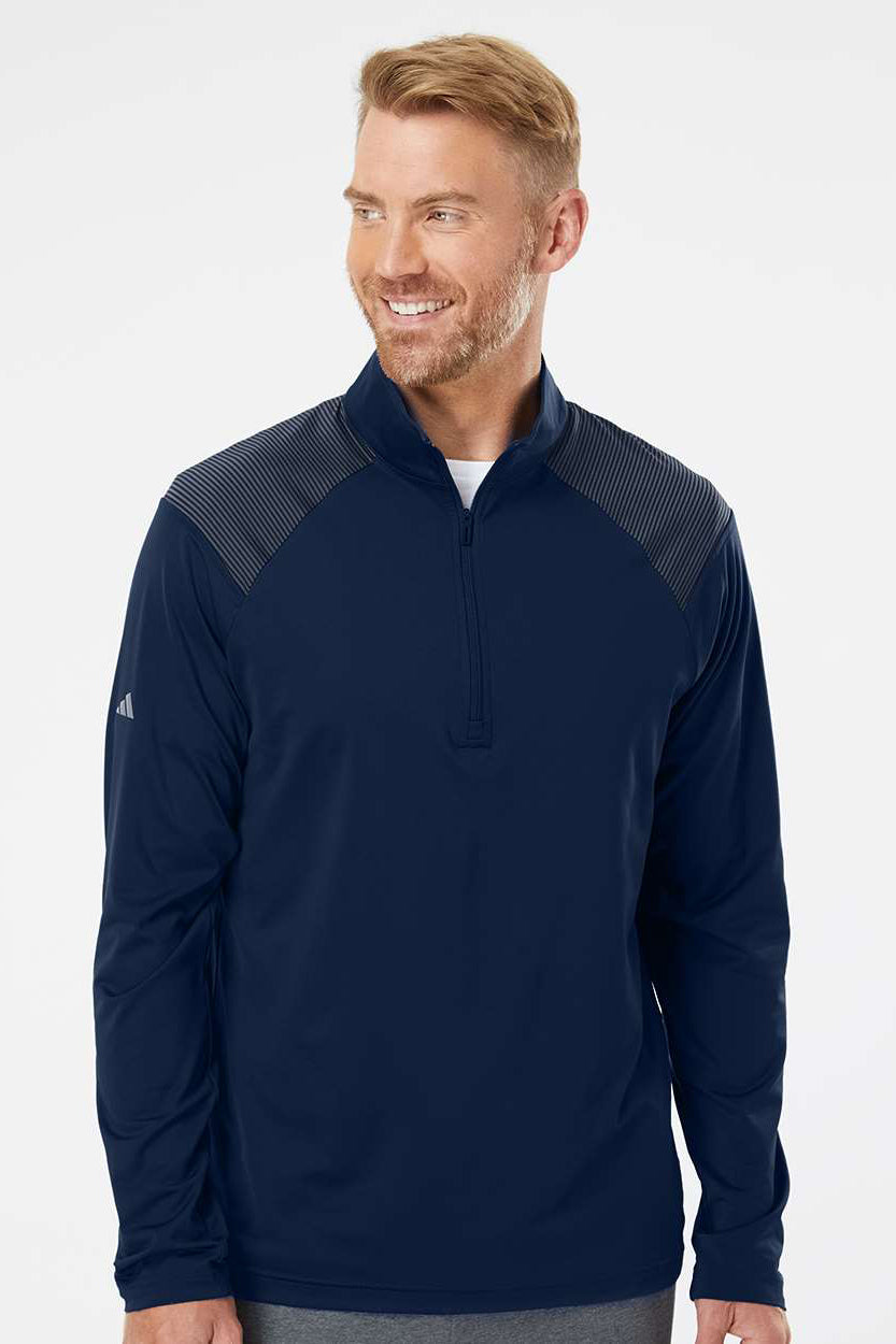 Adidas A520 Mens Shoulder Stripe Moisture Wicking 1/4 Zip Sweatshirt Team Navy Blue Model Front