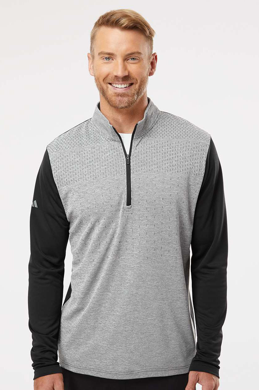 Adidas A522 Mens Heather Block Print Moisture Wicking 1/4 Zip Sweatshirt Black Melange/Black/Grey Model Front