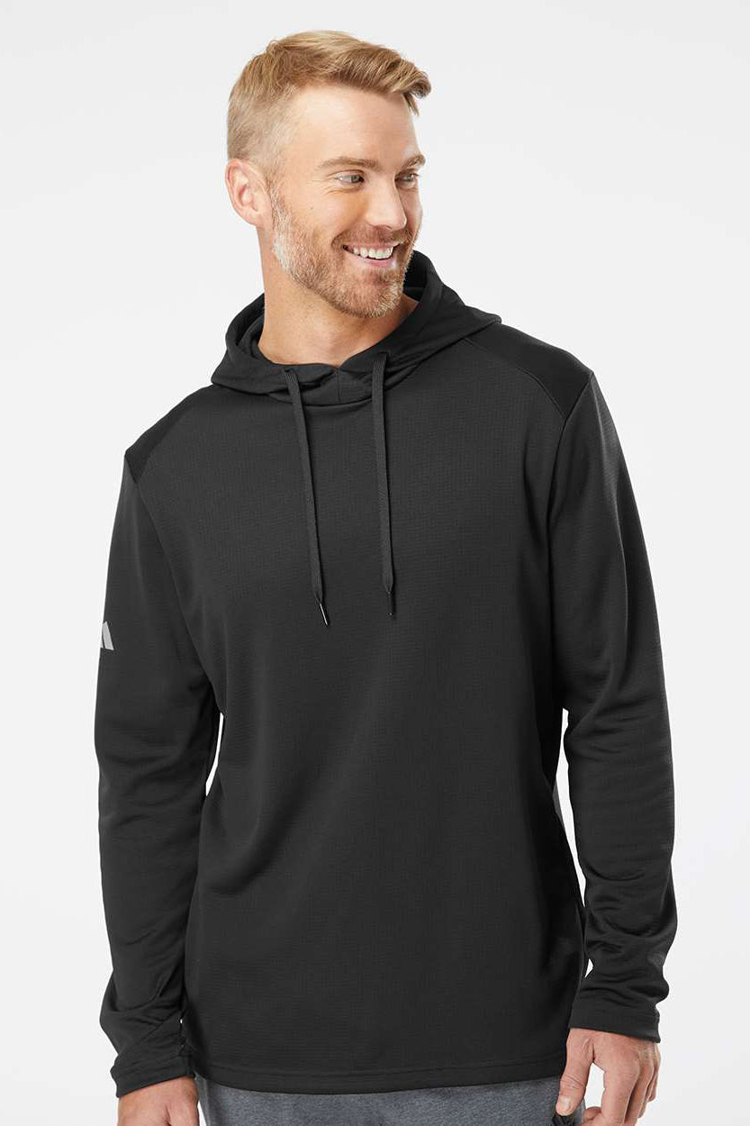 Adidas A530 Mens Textured Mixed Media Hooded Sweatshirt Hoodie Black Model Front