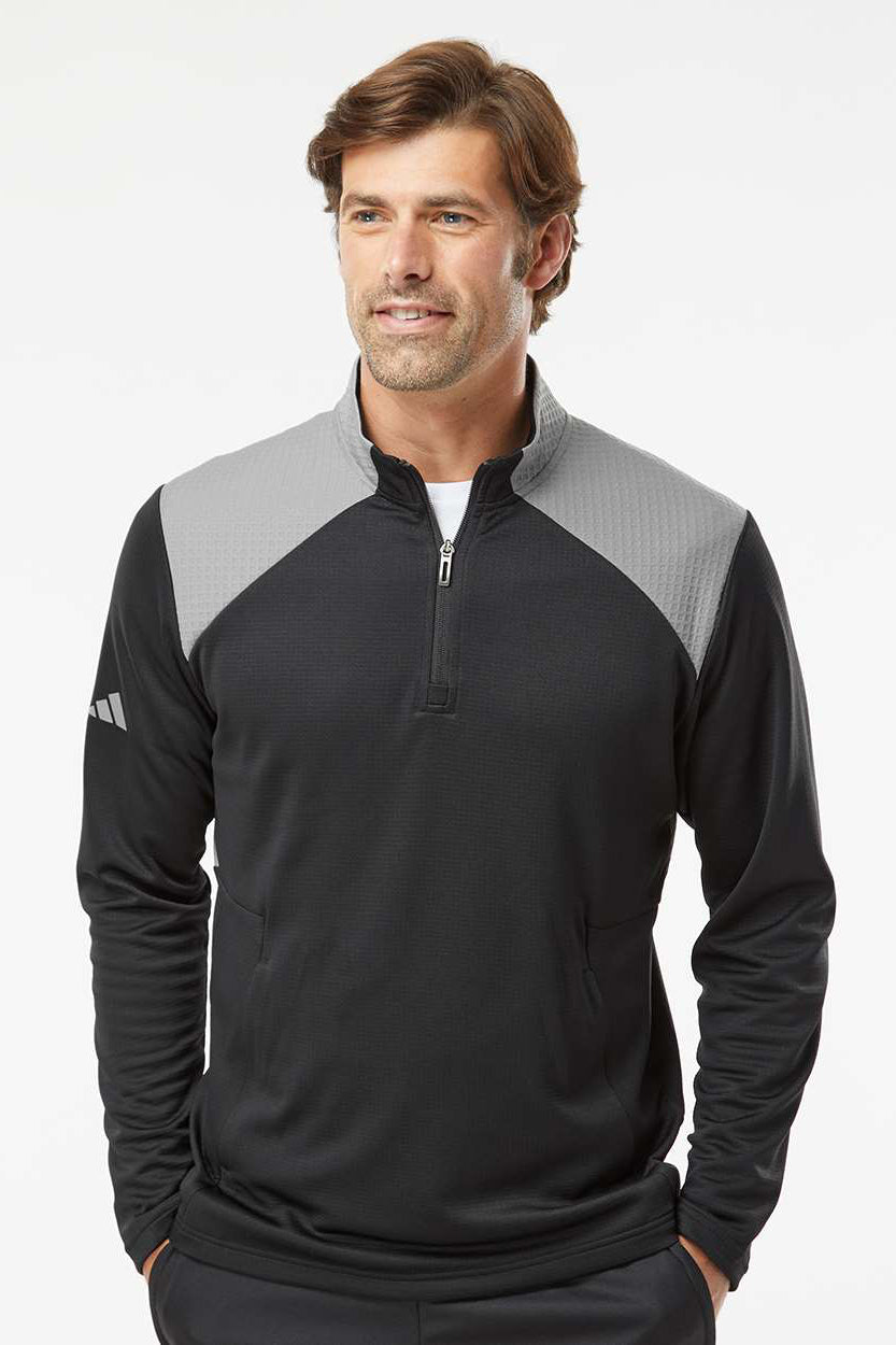 Adidas A532 Mens Textured Mixed Media 1/4 Zip Sweatshirt Black/Grey Model Front