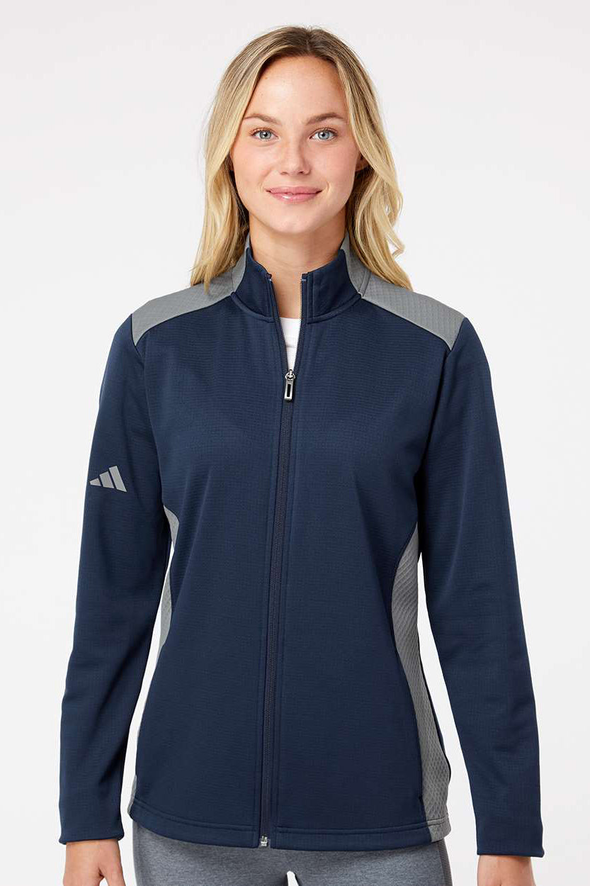 Adidas A529 Womens Textured Mixed Media Full Zip Jacket Collegiate Navy Blue/Grey Model Front