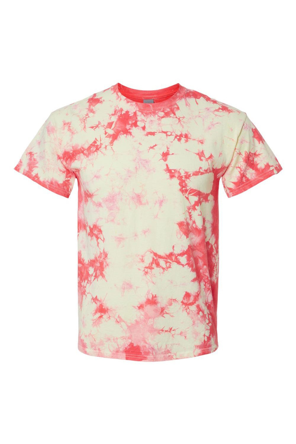 Dyenomite 200CR Mens Crystal Tie Dyed Short Sleeve Crewneck T-Shirt Coral/Soft Yellow Flat Front