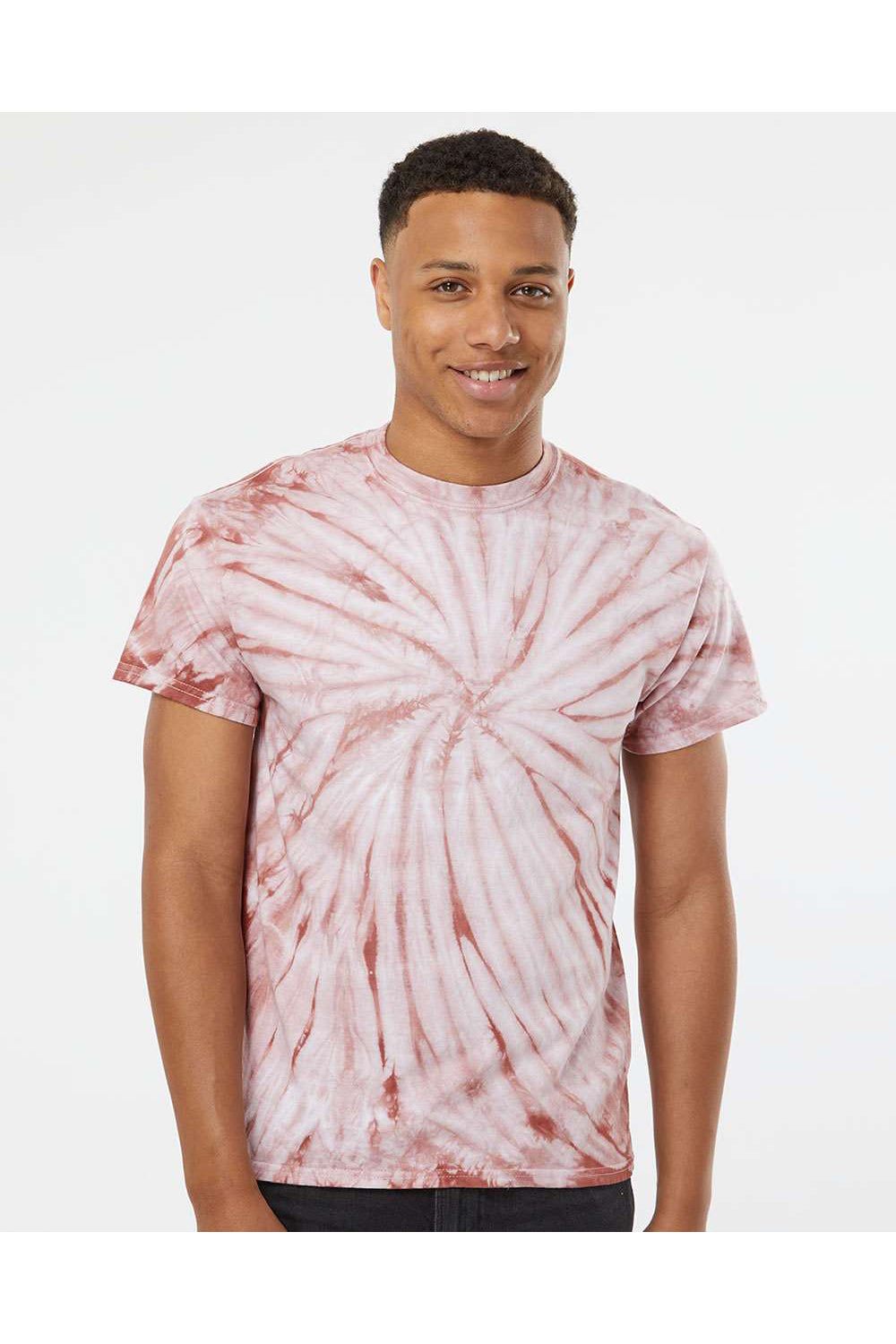 Dyenomite 200CY Mens Cyclone Pinwheel Tie Dyed Short Sleeve Crewneck T-Shirt Copper Model Front