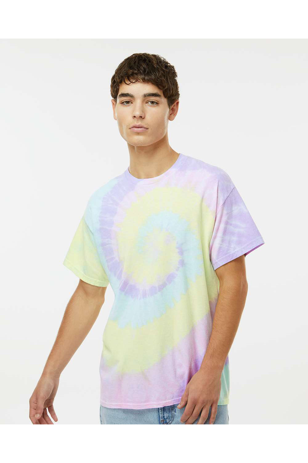 Dyenomite 200MS Mens Spiral Tie Dyed Short Sleeve Crewneck T-Shirt Hawaiian Breeze Model Front