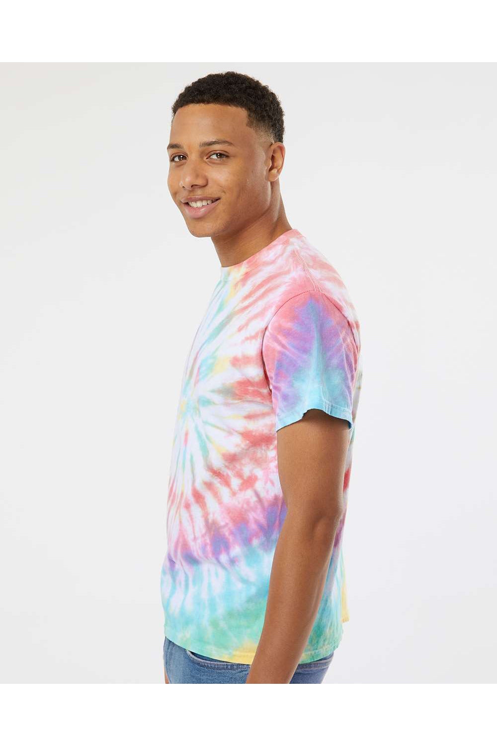 Dyenomite 200MS Mens Spiral Tie Dyed Short Sleeve Crewneck T-Shirt Prism Model Side