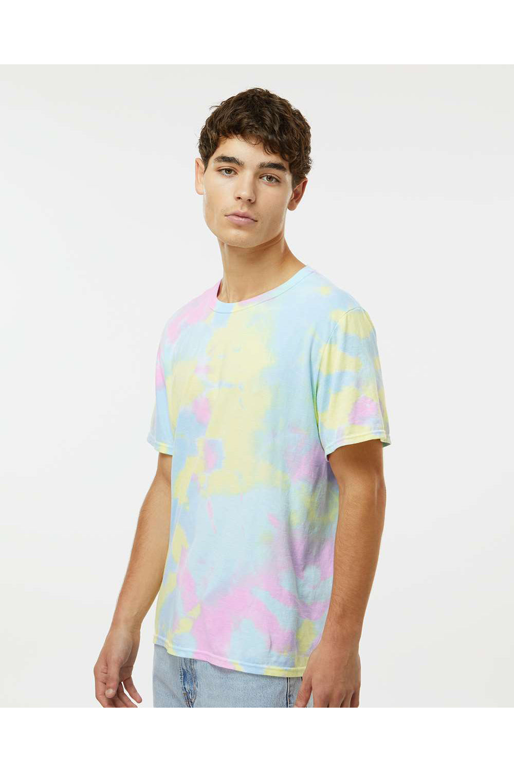 Dyenomite 650DR Mens Dream Tie Dyed Short Sleeve Crewneck T-Shirt Pastel Rainbow Model Side