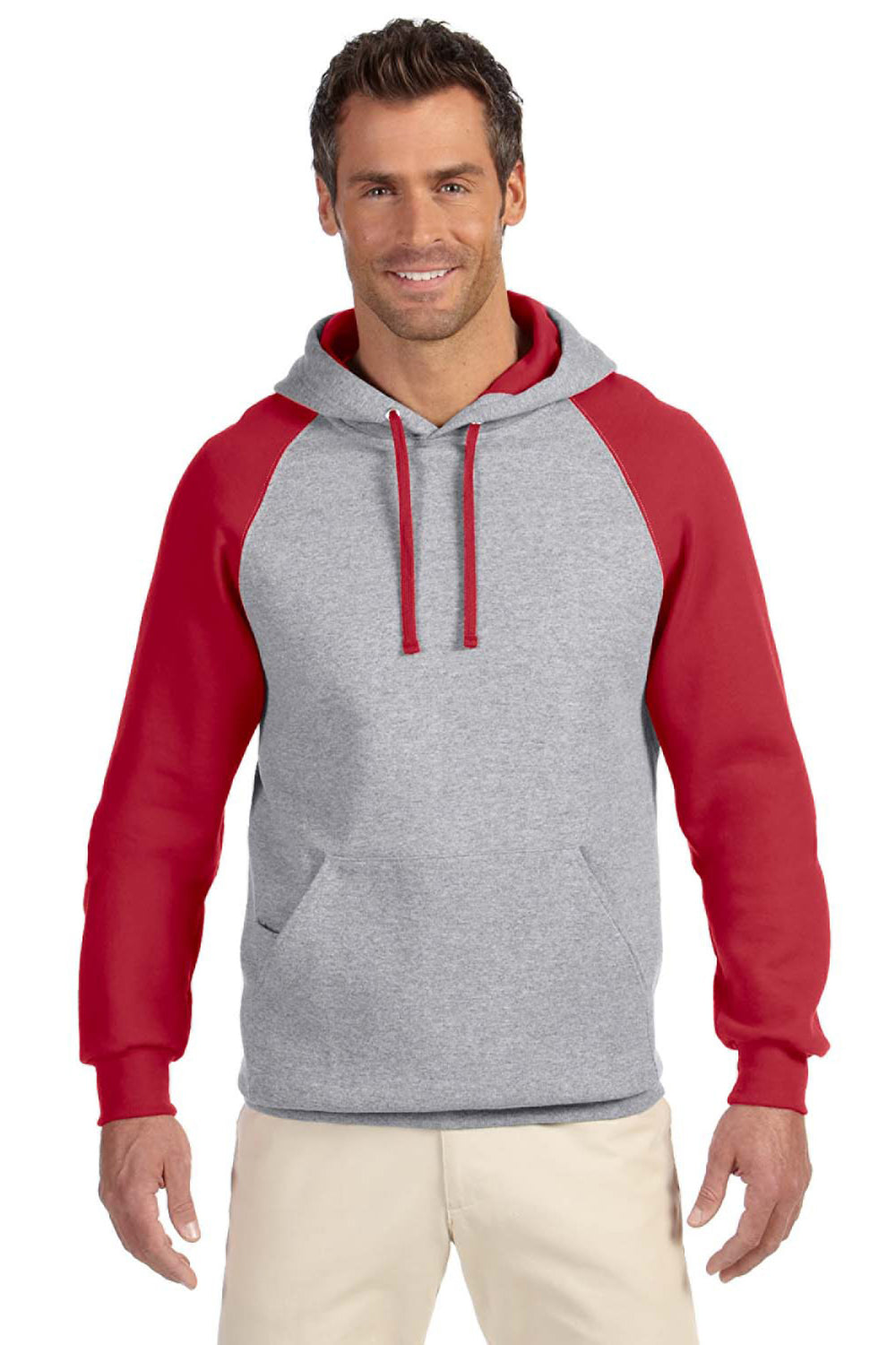 Jerzees 96CR Mens NuBlend Pill Resistant Fleece Hooded Sweatshirt Hoodie w/ Pouch Pocket Oxford Grey/True Red Model Front