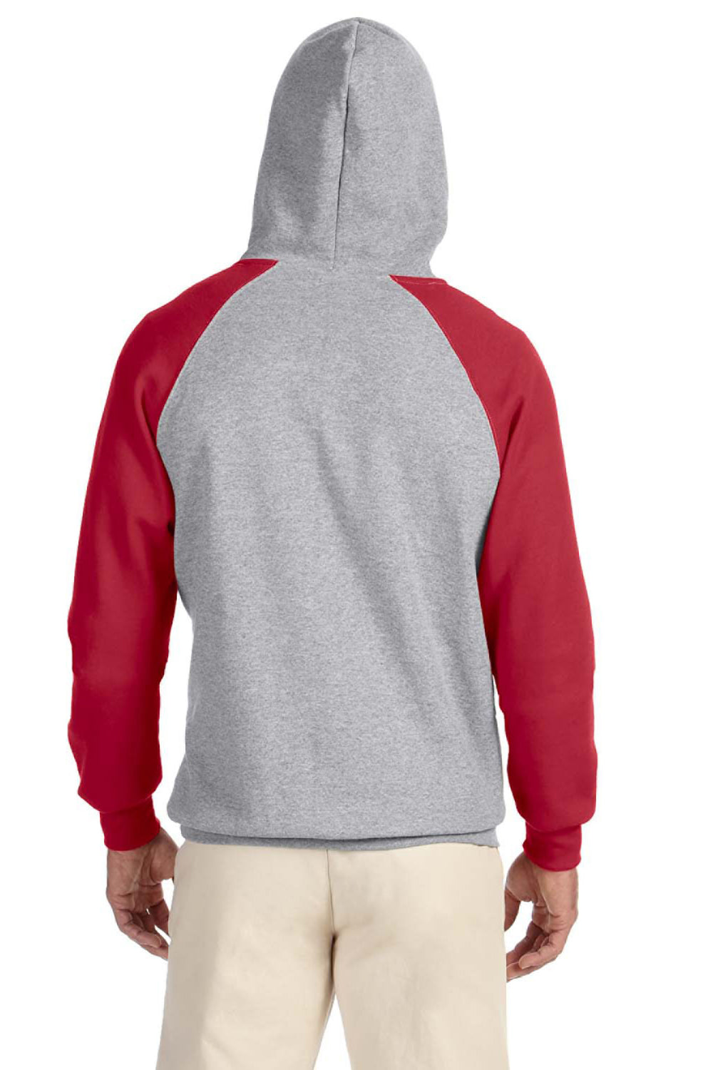 Jerzees 96CR Mens NuBlend Pill Resistant Fleece Hooded Sweatshirt Hoodie w/ Pouch Pocket Oxford Grey/True Red Model Back