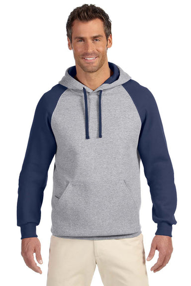 Jerzees 96CR Mens NuBlend Pill Resistant Fleece Hooded Sweatshirt Hoodie w/ Pouch Pocket Oxford Grey/Navy Blue Model Front