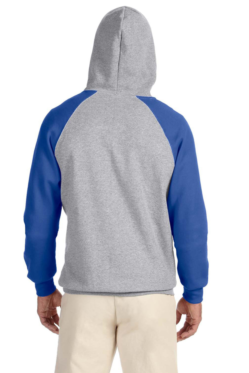 Jerzees 96CR Mens NuBlend Pill Resistant Fleece Hooded Sweatshirt Hoodie w/ Pouch Pocket Oxford Grey/Royal Blue Model Back