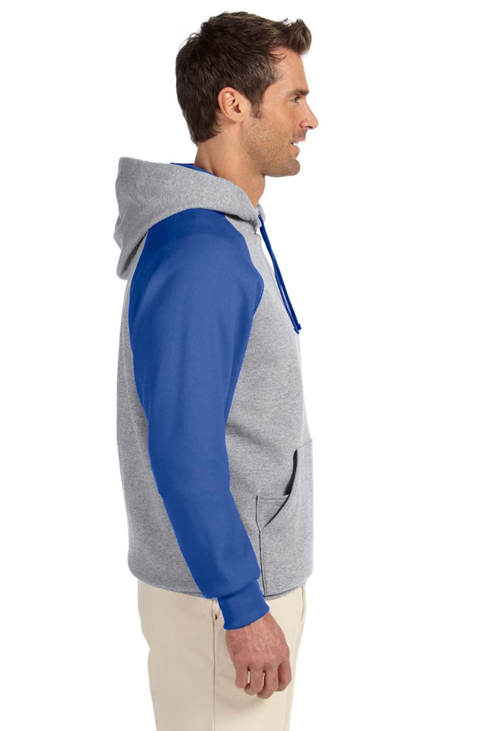 Jerzees 96CR Mens NuBlend Pill Resistant Fleece Hooded Sweatshirt Hoodie w/ Pouch Pocket Oxford Grey/Royal Blue Model Side