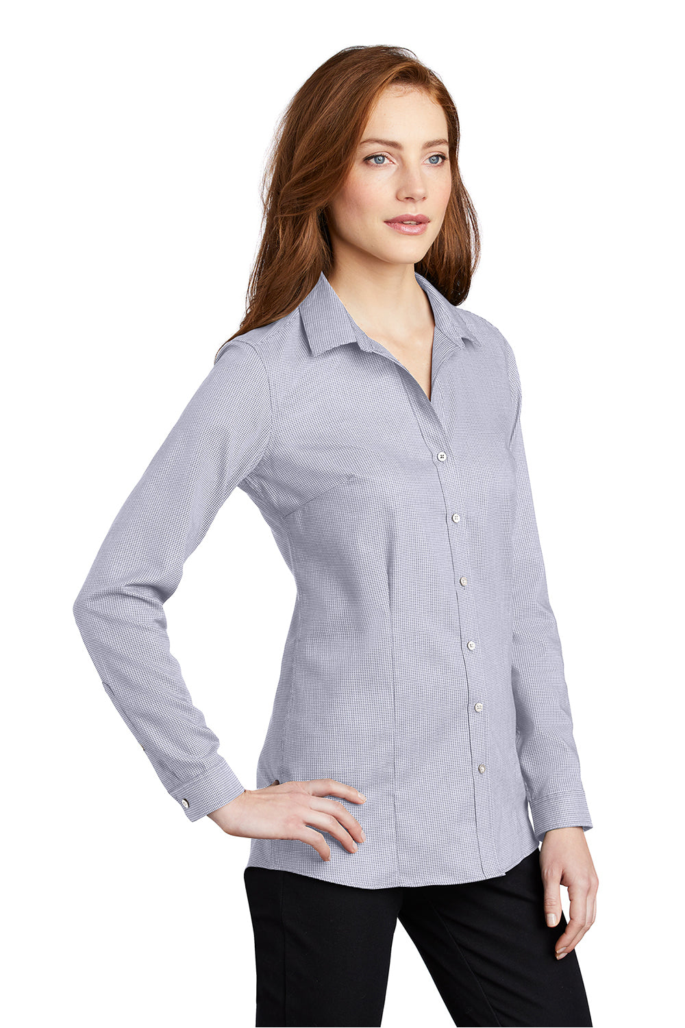 Port Authority LW645 Womens Pincheck Wrinkle Resistant Long Sleeve Button Down Shirt Gusty Grey/White Model 3q