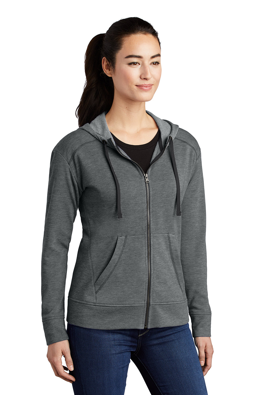 Sport-Tek LST293 Womens Moisture Wicking Fleece Full Zip Hooded Sweatshirt Hoodie Heather Dark Grey Model 3q