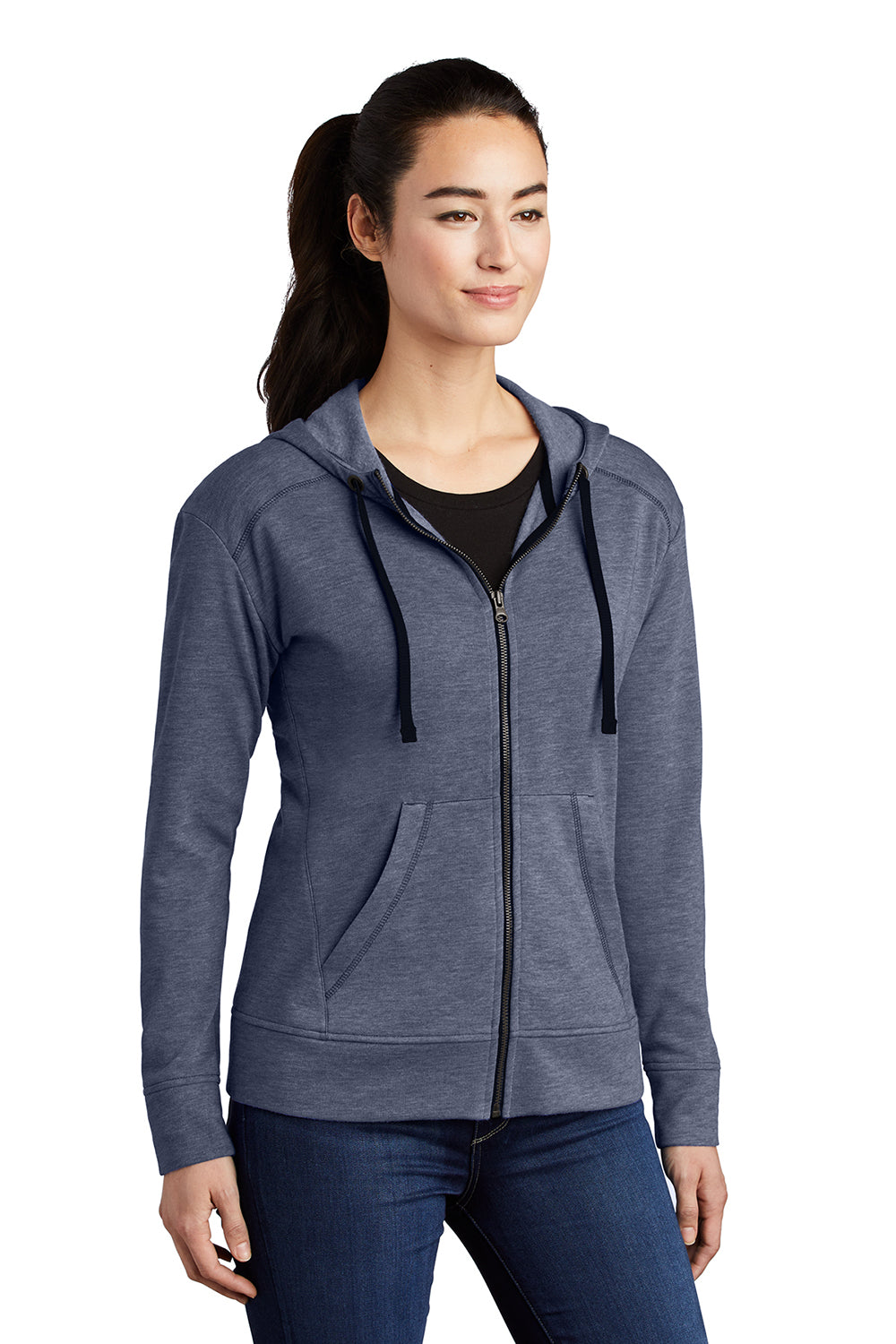 Sport-Tek LST293 Womens Moisture Wicking Fleece Full Zip Hooded Sweatshirt Hoodie Heather True Navy Blue Model 3q