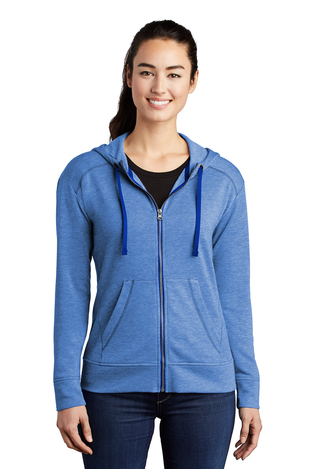 Sport-Tek LST293 Womens Moisture Wicking Fleece Full Zip Hooded Sweatshirt Hoodie Heather True Royal Blue Model Front