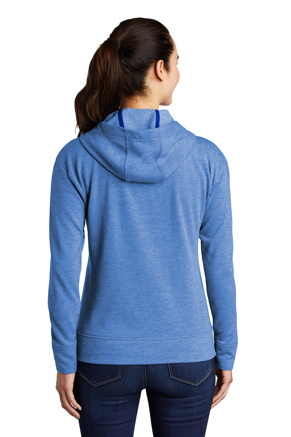 Sport-Tek LST293 Womens Moisture Wicking Fleece Full Zip Hooded Sweatshirt Hoodie Heather True Royal Blue Model Back