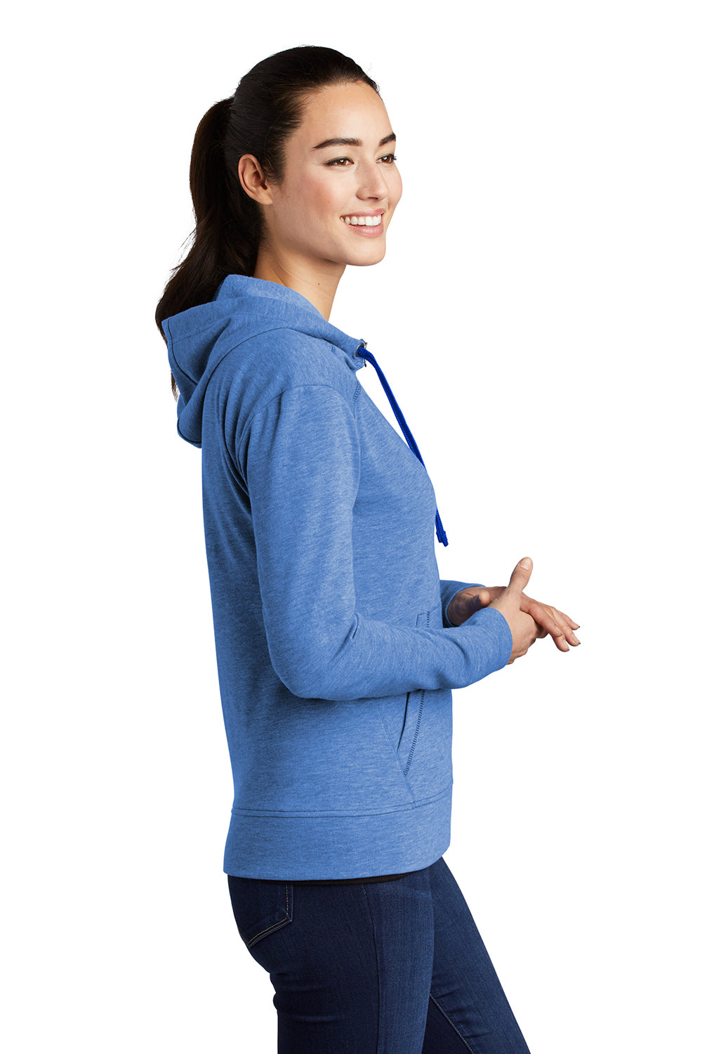 Sport-Tek LST293 Womens Moisture Wicking Fleece Full Zip Hooded Sweatshirt Hoodie Heather True Royal Blue Model Side