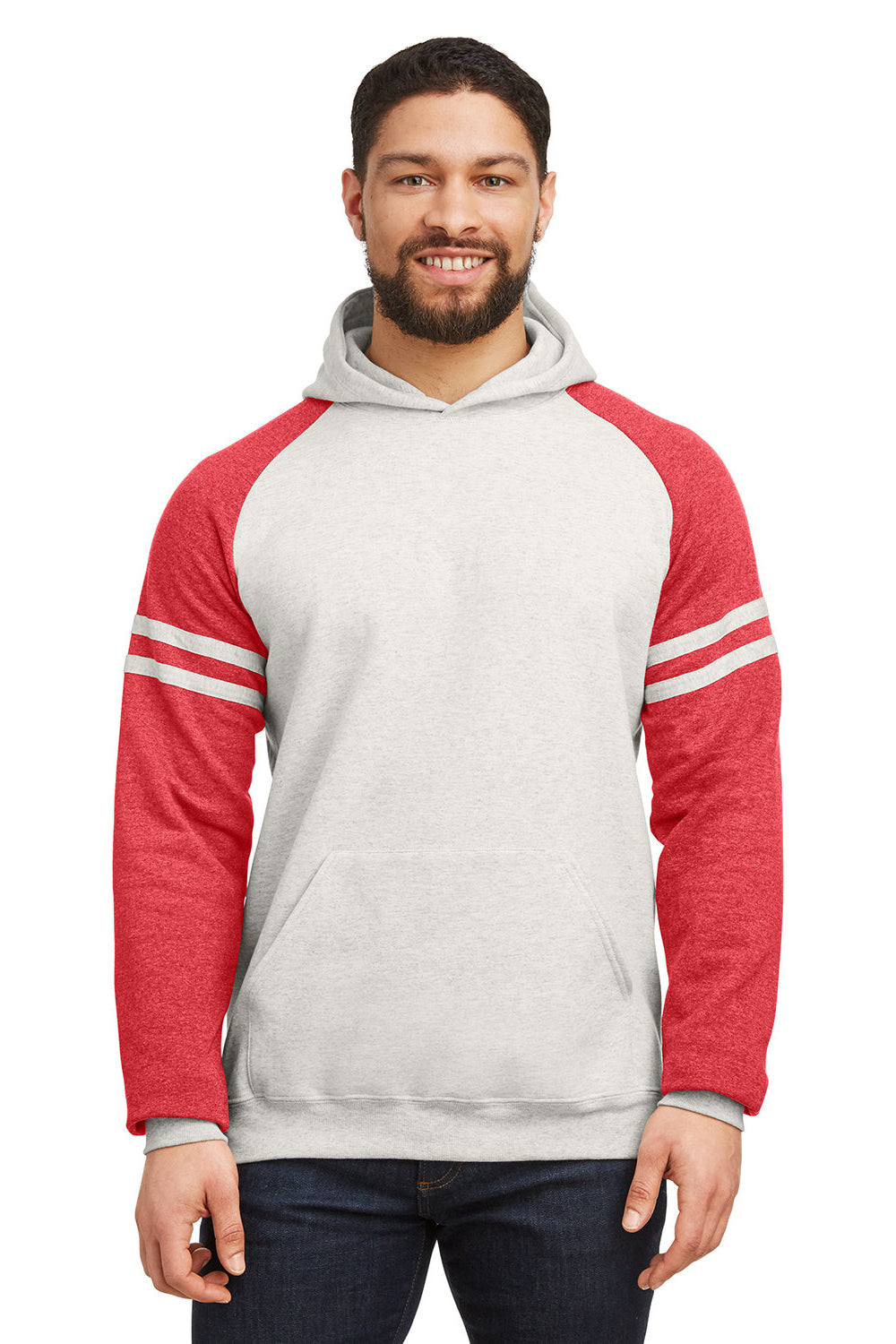 Jerzees 97CR Mens NuBlend Fleece Varsity Colorblock Hooded Sweatshirt Hoodie w/ Pouch Pocket Heather Oatmeal/Red Model Front