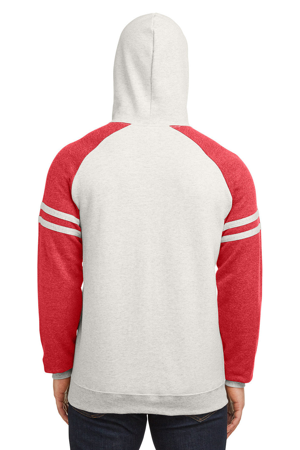 Jerzees 97CR Mens NuBlend Fleece Varsity Colorblock Hooded Sweatshirt Hoodie w/ Pouch Pocket Heather Oatmeal/Red Model Back