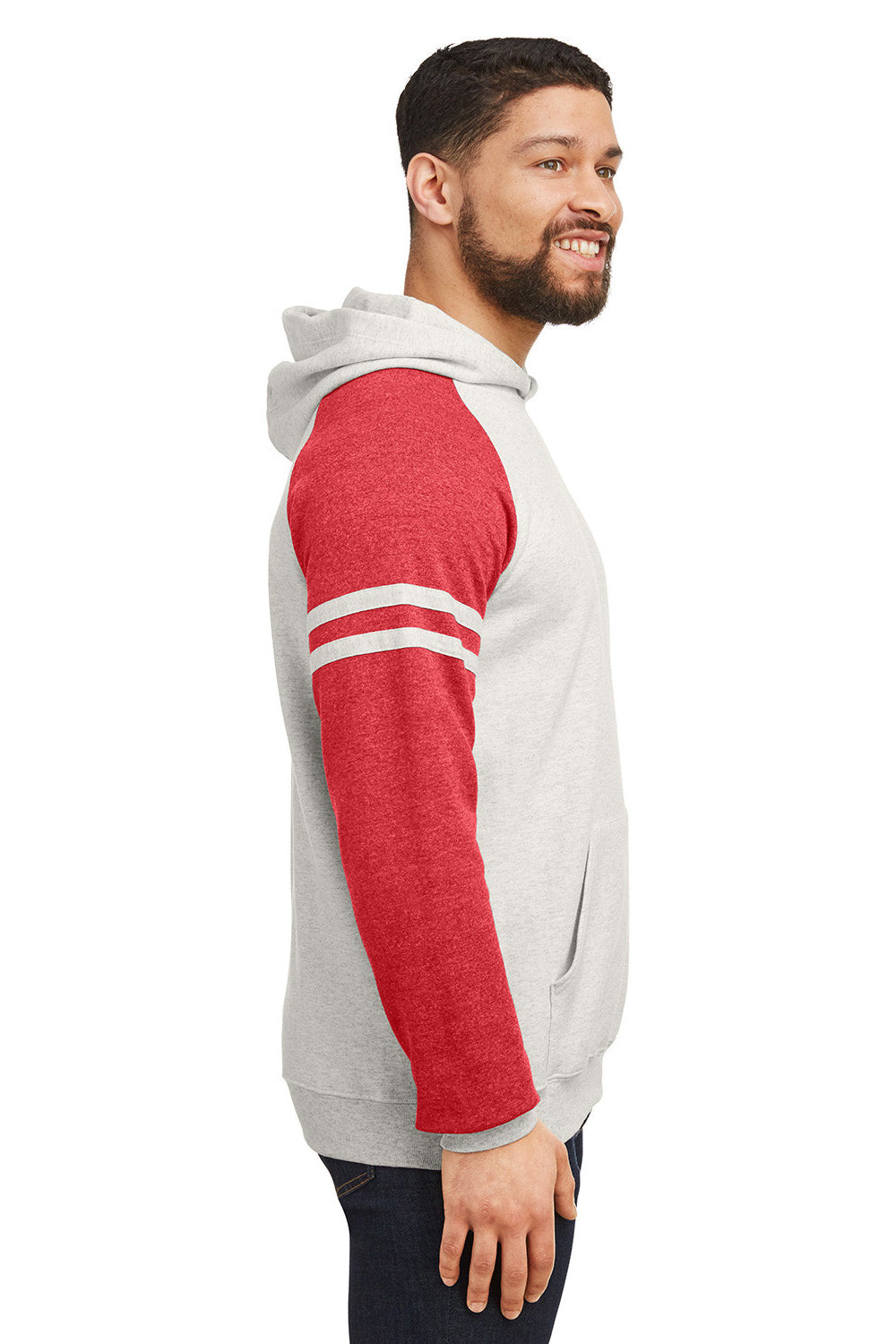 Jerzees 97CR Mens NuBlend Fleece Varsity Colorblock Hooded Sweatshirt Hoodie w/ Pouch Pocket Heather Oatmeal/Red Model Side