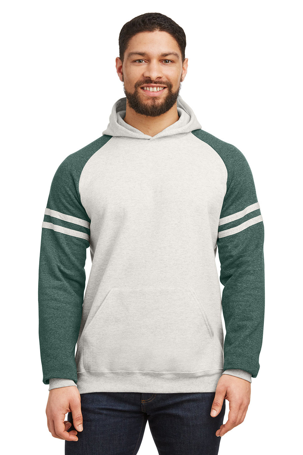 Jerzees 97CR Mens NuBlend Fleece Varsity Colorblock Hooded Sweatshirt Hoodie w/ Pouch Pocket Heather Oatmeal/Forest Green Model Front