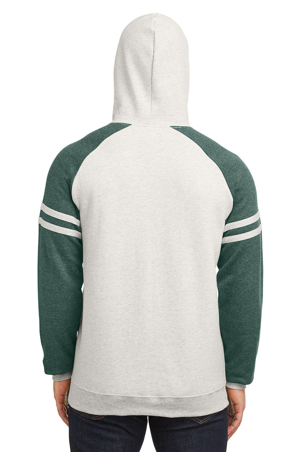 Jerzees 97CR Mens NuBlend Fleece Varsity Colorblock Hooded Sweatshirt Hoodie w/ Pouch Pocket Heather Oatmeal/Forest Green Model Back