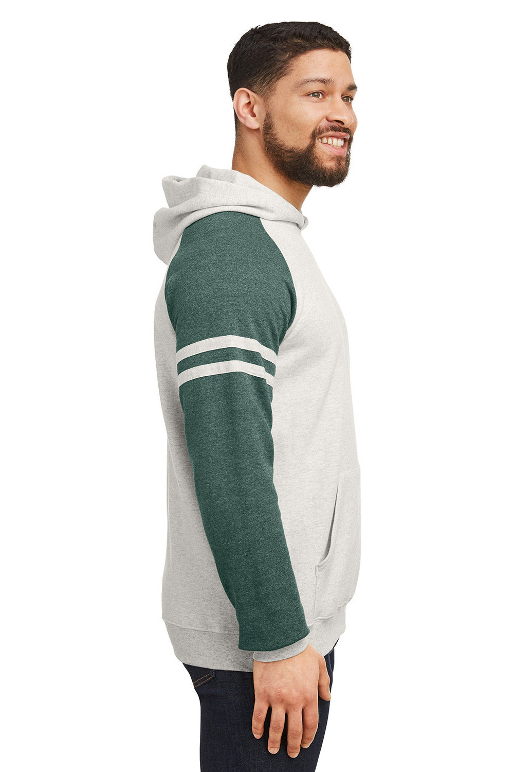 Jerzees 97CR Mens NuBlend Fleece Varsity Colorblock Hooded Sweatshirt Hoodie w/ Pouch Pocket Heather Oatmeal/Forest Green Model Side