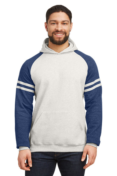 Jerzees 97CR Mens NuBlend Fleece Varsity Colorblock Hooded Sweatshirt Hoodie w/ Pouch Pocket Heather Oatmeal/Indigo Blue Model Front