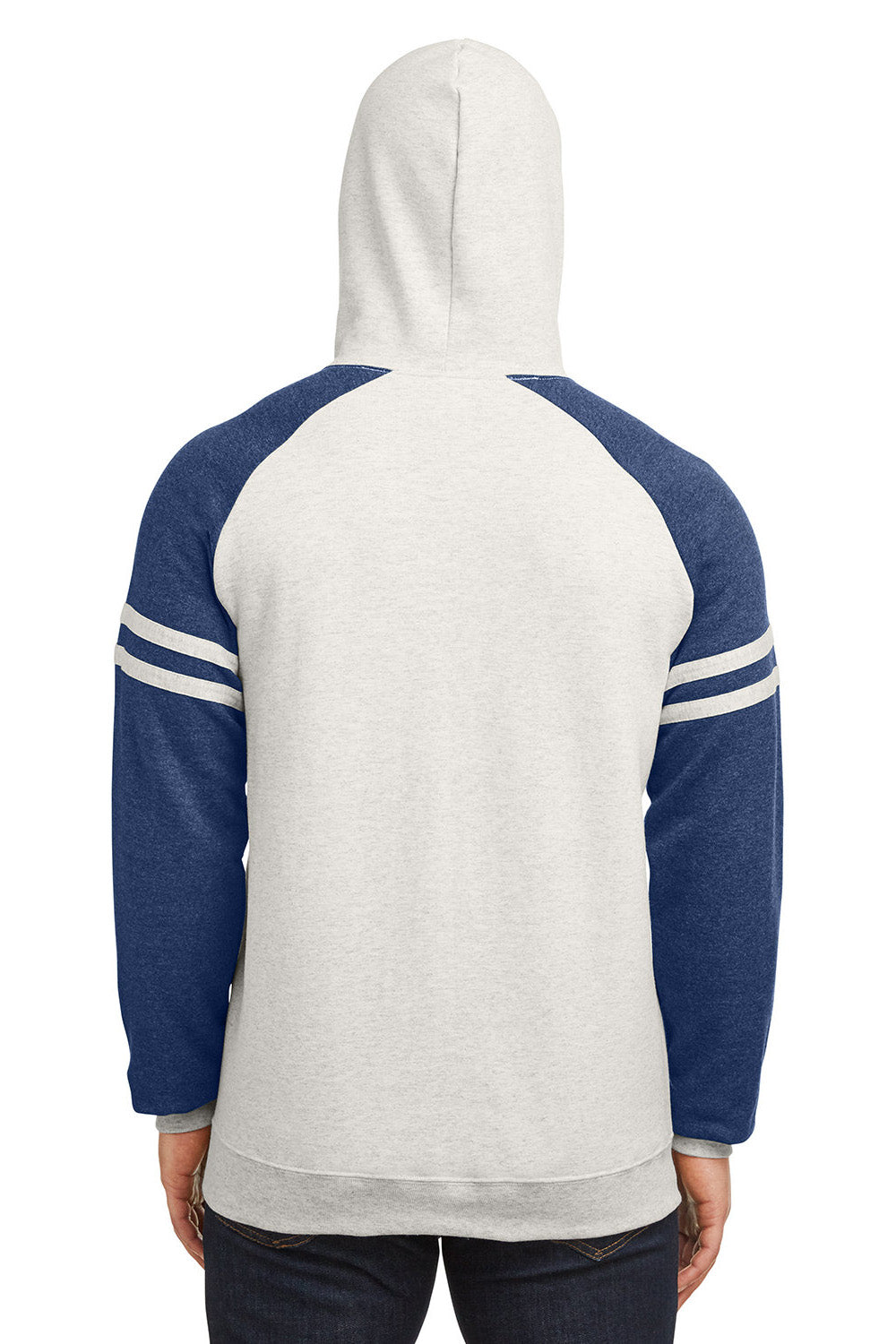 Jerzees 97CR Mens NuBlend Fleece Varsity Colorblock Hooded Sweatshirt Hoodie w/ Pouch Pocket Heather Oatmeal/Indigo Blue Model Back